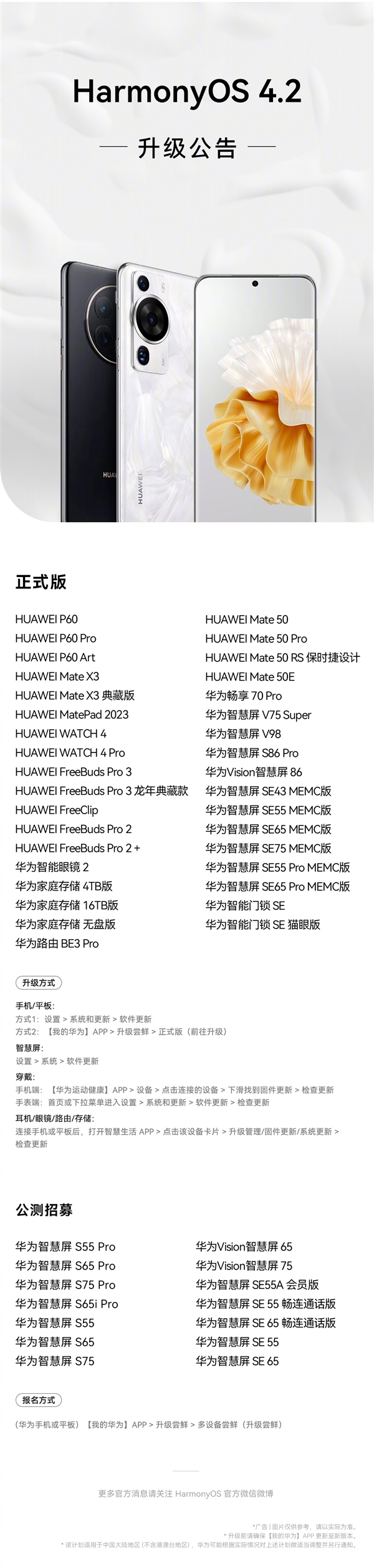 流畅如新！华为P60、Mate 50等35款设备宣布升级HarmonyOS 4.2正式版