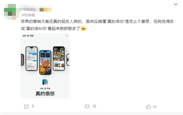 苹果官网iOS 18宣传文案“真的很你”遭吐槽 网友：比机翻还机翻